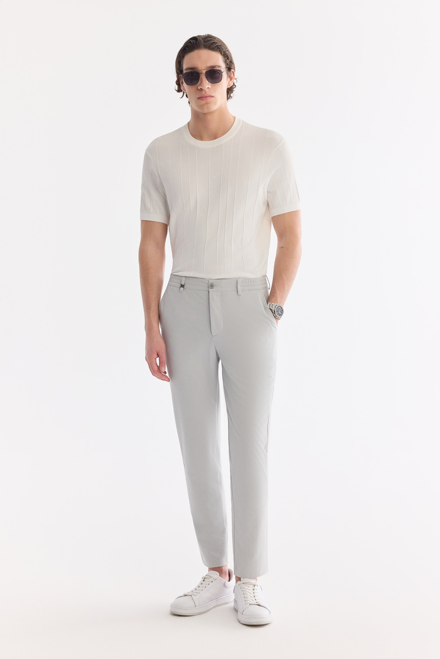 Gri Beli Lastikli Viskon Karışımlı Elastan Chino Pantolon