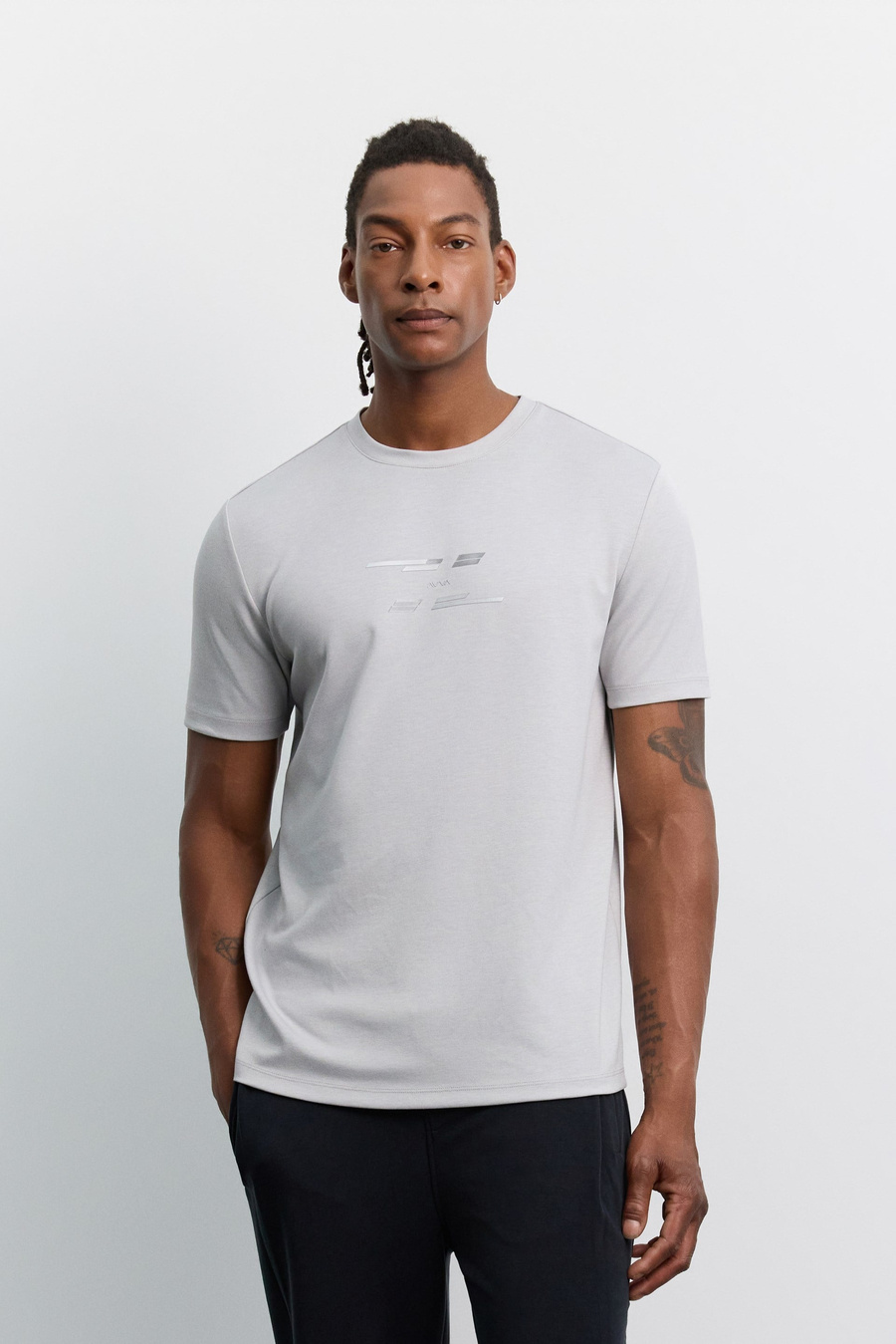 Gri  Bisiklet Yaka Baskılı Viskon Karışımlı Kolay Ütülenen T-Shirt