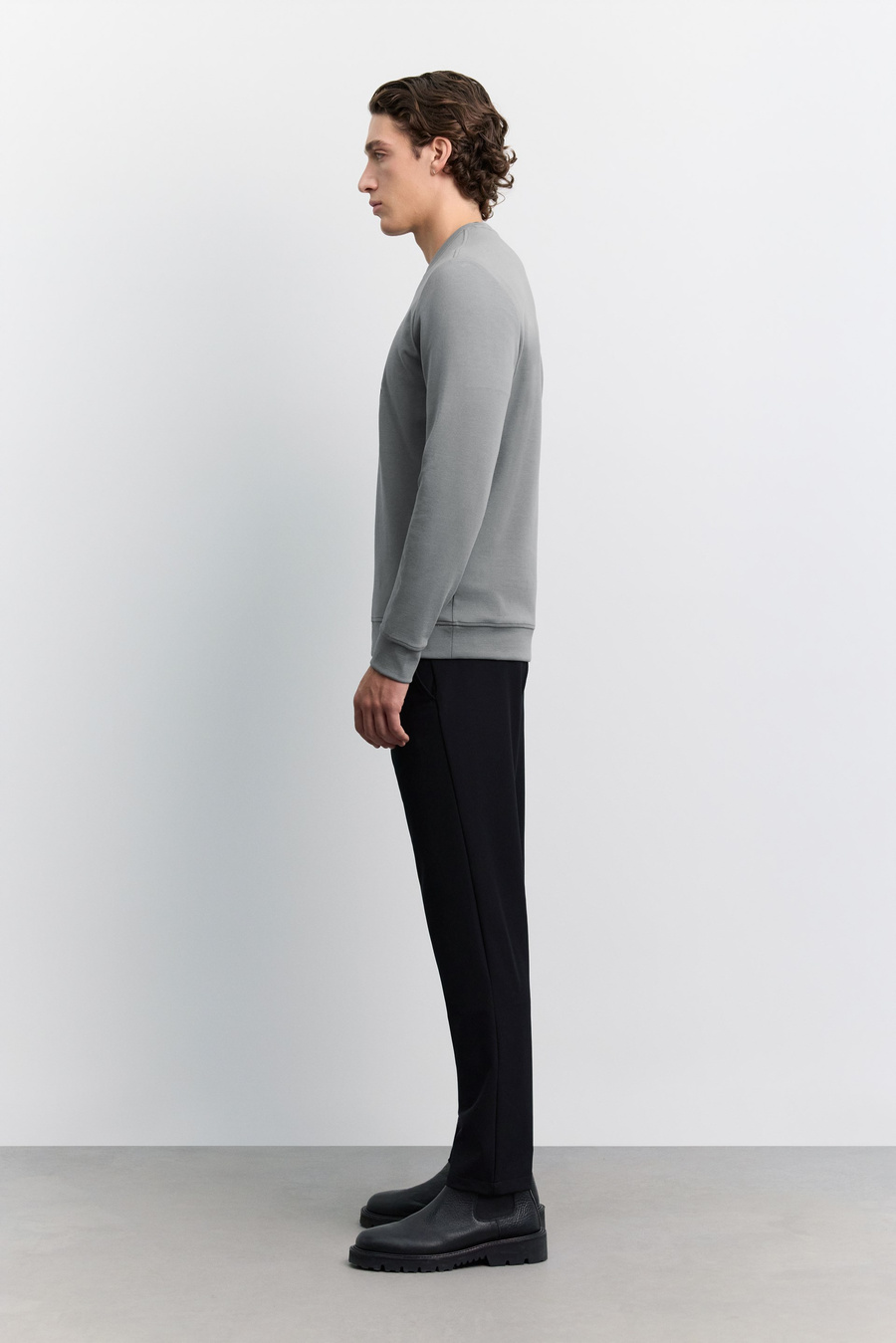 Gri Bisiklet Yaka Baskılı İnterlok Sweatshirt