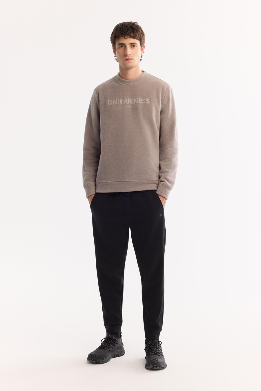 Gri Bisiklet Yaka Soft Touch Baskılı Polar Sweatshirt