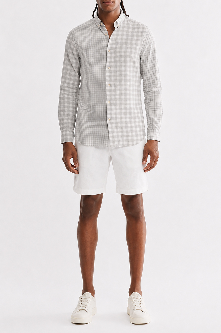 Grey Linen Blend Plaid Shirt