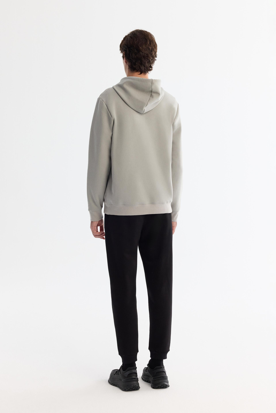 Gri Kapüşonlu Pamuklu Baskılı Elastan Sweatshirt