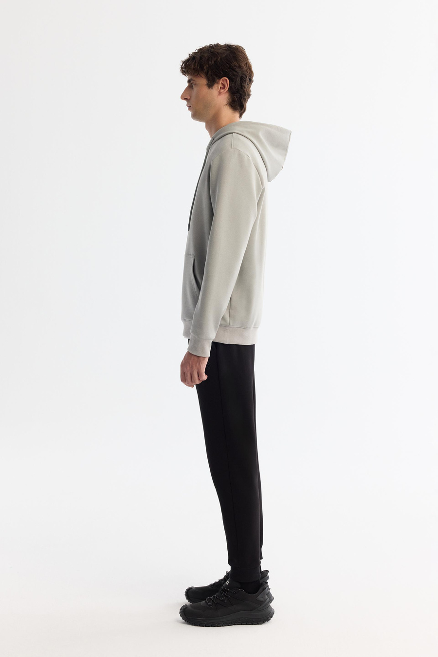 Gri Kapüşonlu Pamuklu Baskılı Elastan Sweatshirt