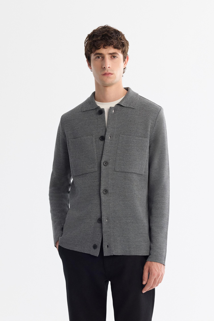 Grey Wool Blend Polo Cardigan