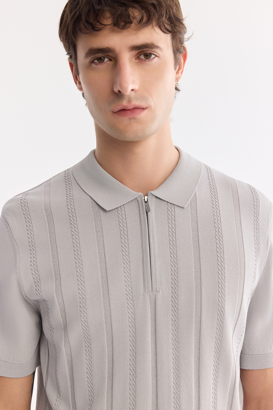 Gri Polo Yaka Fermuarlı Rayon Triko T-Shirt