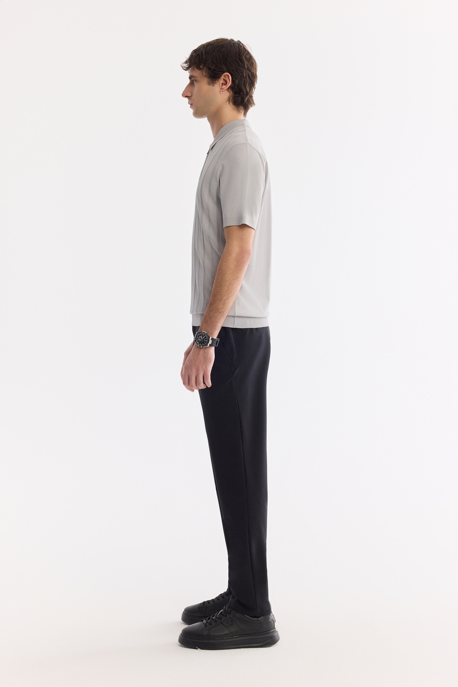 Gri Polo Yaka Fermuarlı Rayon Triko T-Shirt