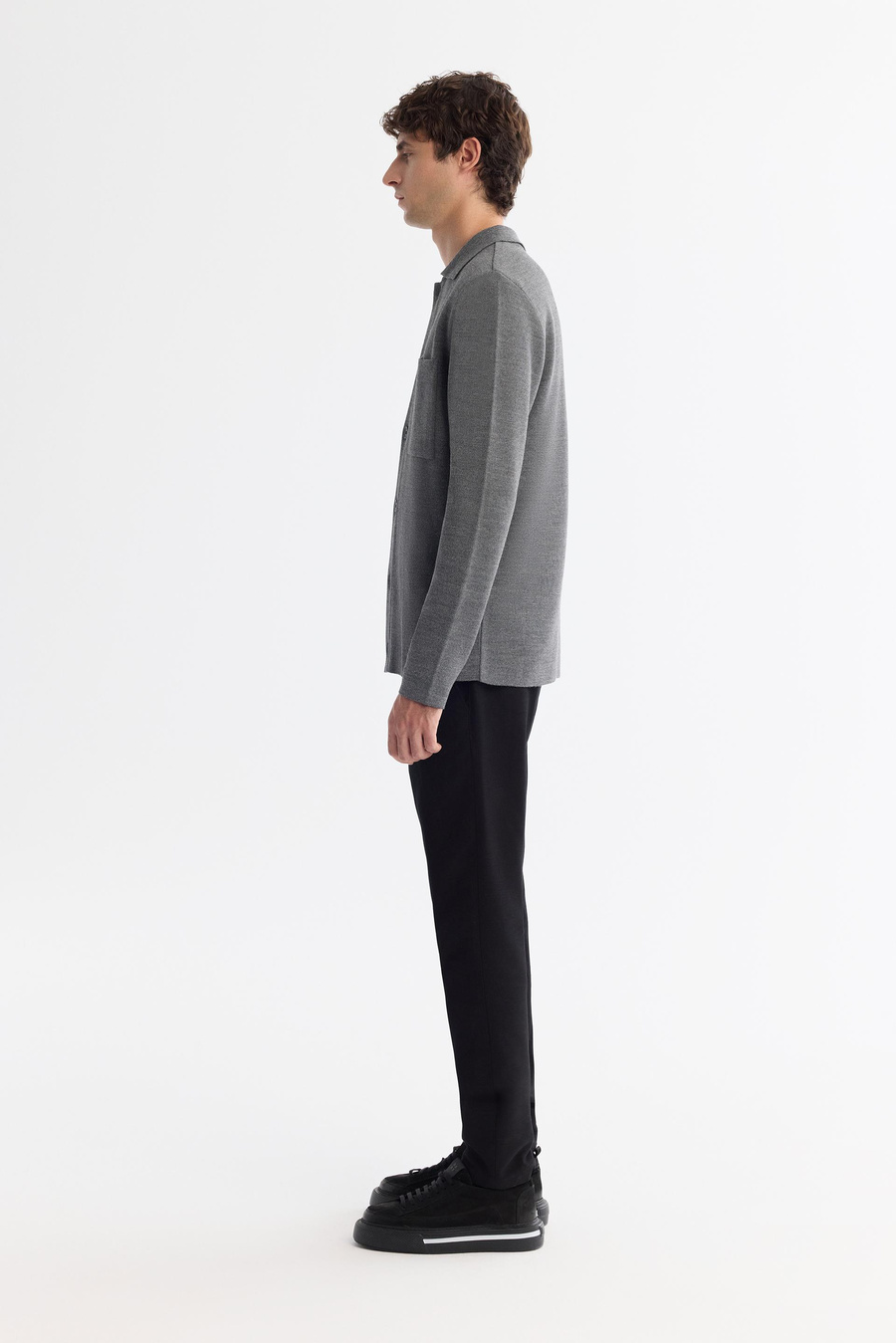 Grey Wool Blend Polo Cardigan