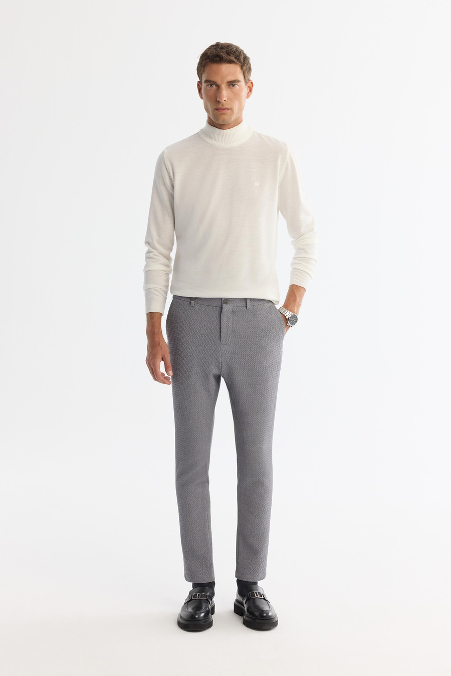 Gri Klasik Bel Yandan Cepli Dokulu Bi-Stretch Pantolon