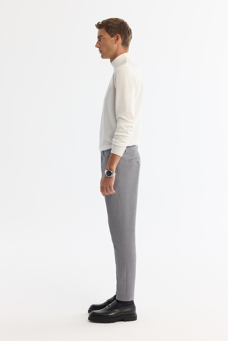 Gri Klasik Bel Yandan Cepli Dokulu Bi-Stretch Pantolon