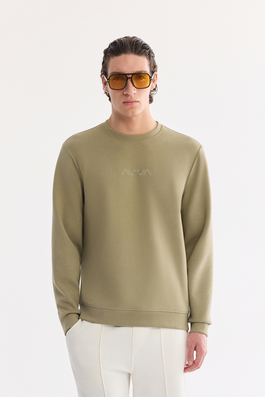 Haki Bisiklet Yaka Pamuklu Kolay Ütülenen Sweatshirt
