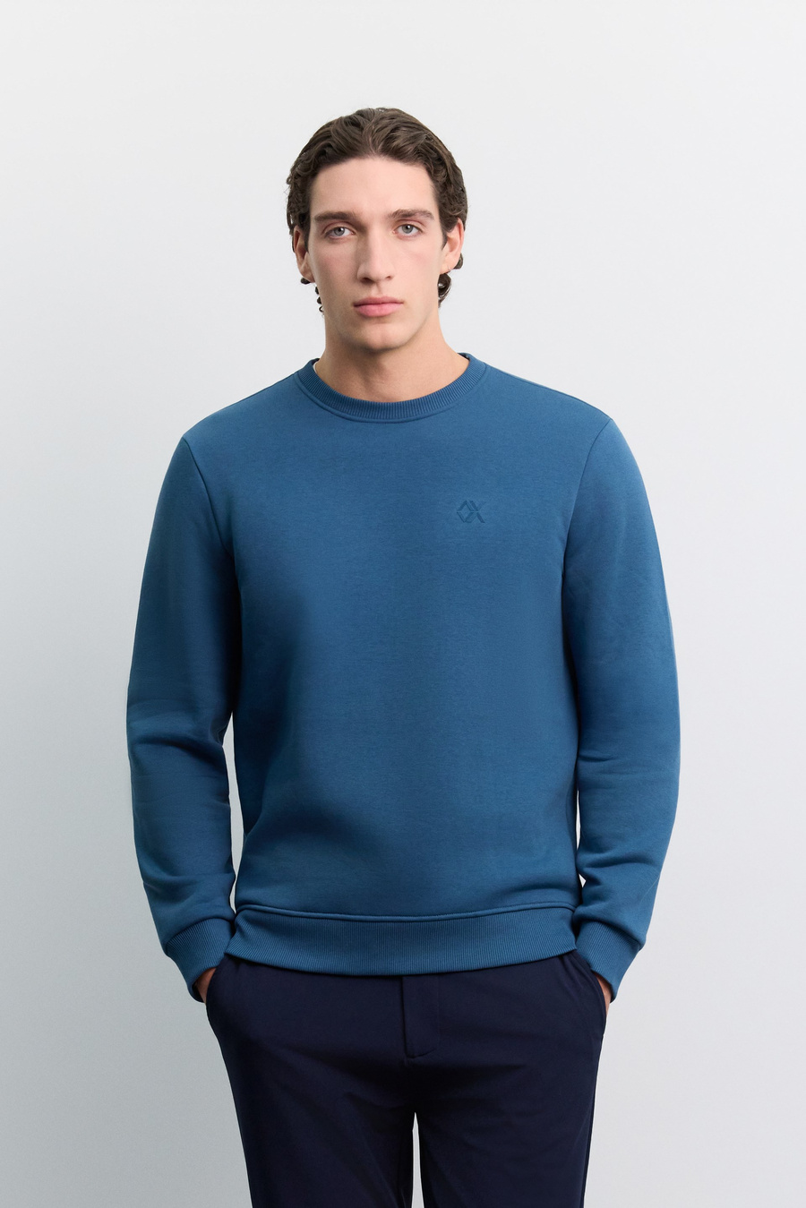 İndigo Bisiklet Yaka 3 İplik Şardonlu -5 Dereceye Dayanıklı Sweatshirt