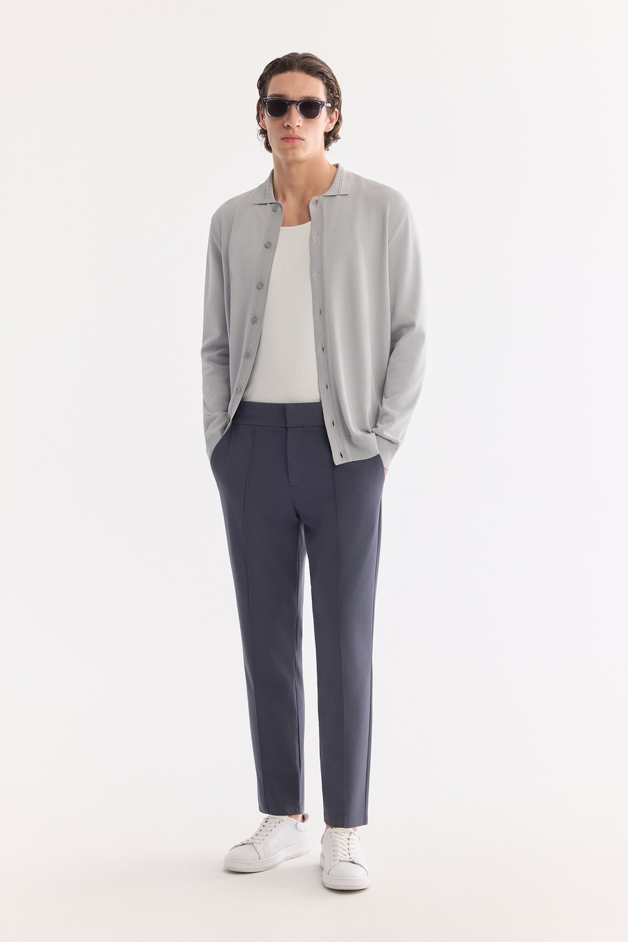 Indigo High Waist Pintuck Buckle Detail Trousers