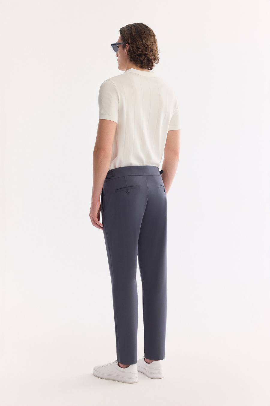 Indigo High Waist Pintuck Buckle Detail Trousers