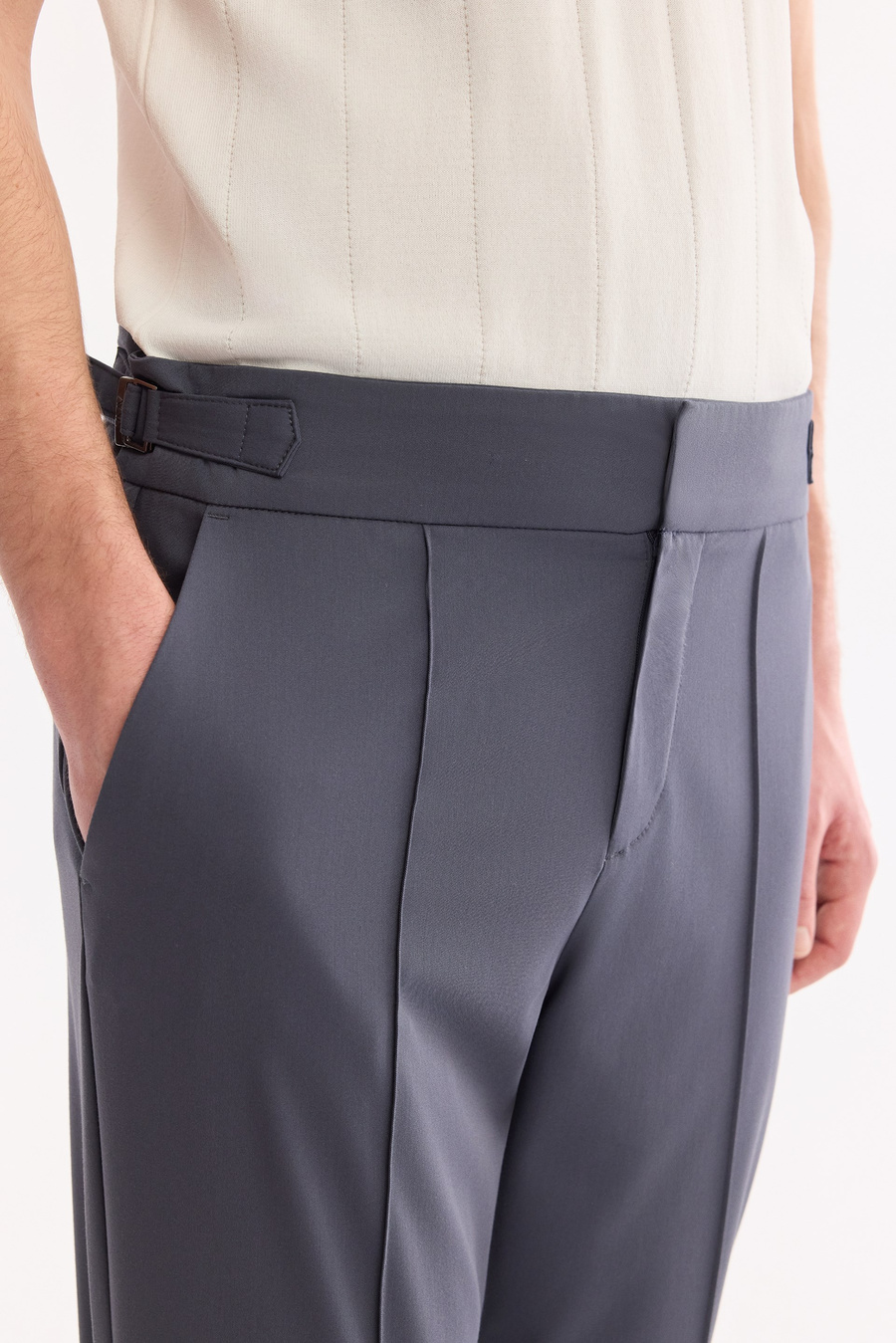 Indigo High Waist Pintuck Buckle Detail Trousers