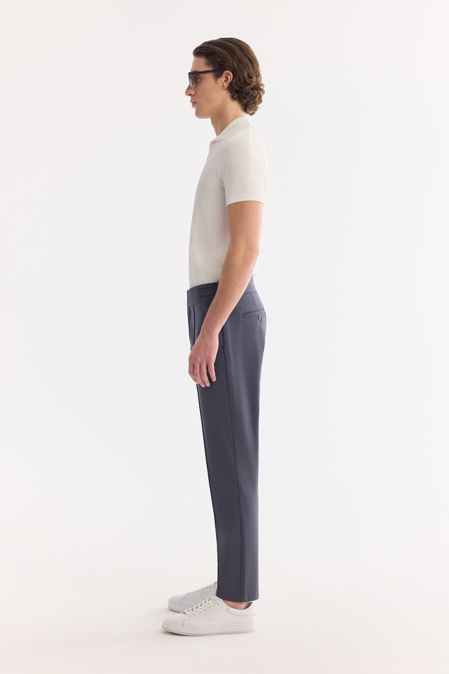 Indigo High Waist Pintuck Buckle Detail Trousers