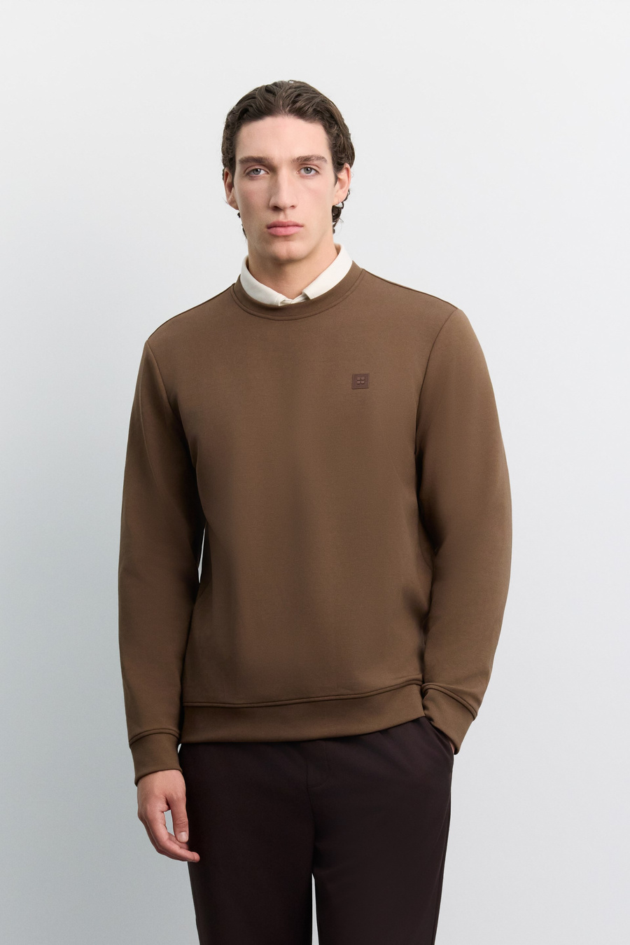 Kahve Bisiklet Yaka Kolay Ütülenen İnterlok Sweatshirt
