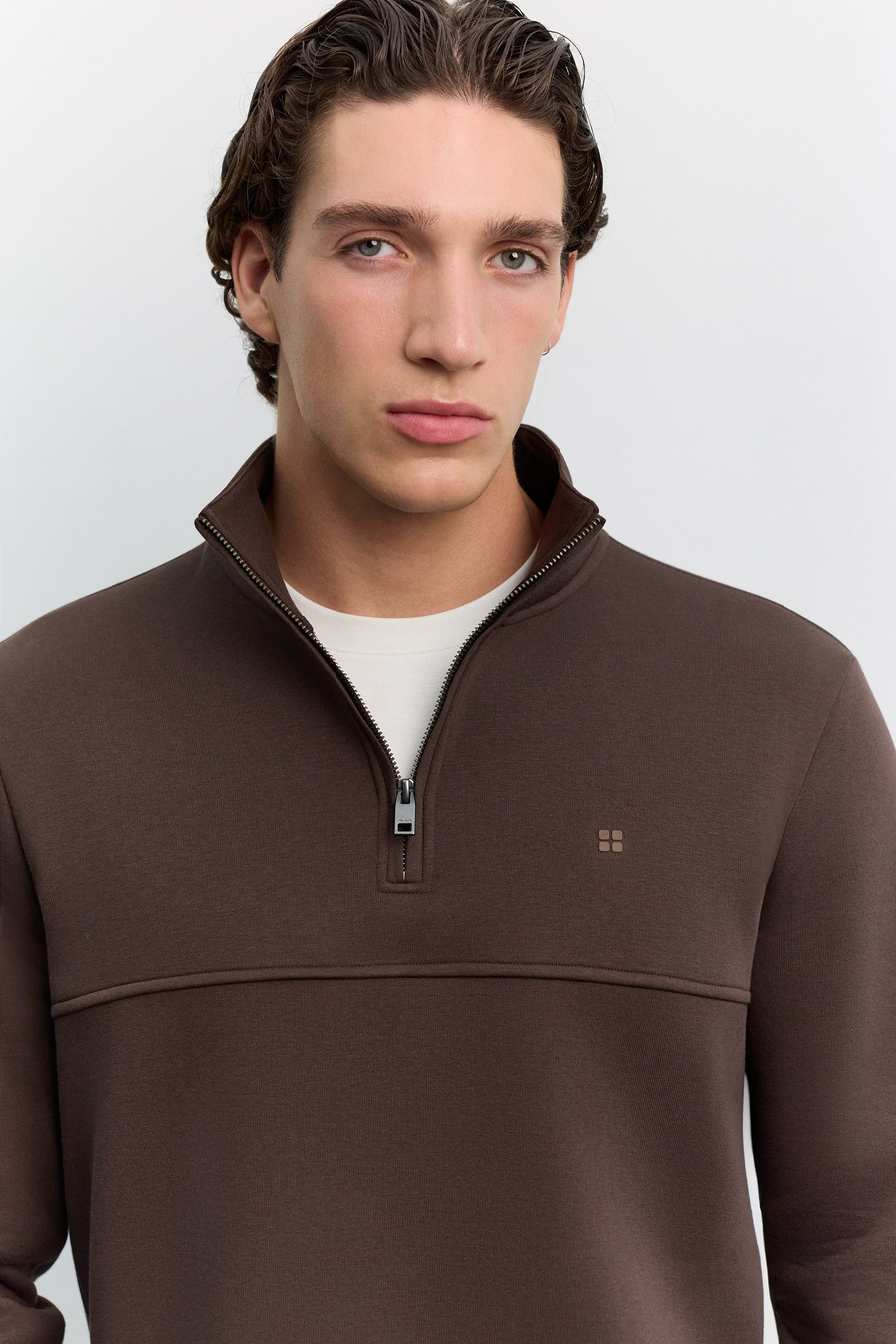 Kahve Dik Yaka Fermuarlı 3 İplik Şardonlu Sweatshirt