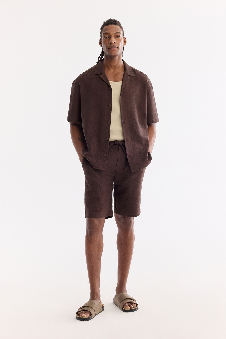 Brown Elastic Waist Drawstring Cotton Shorts
