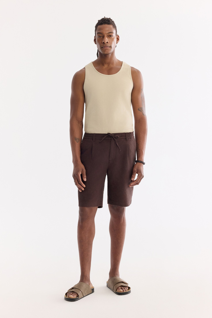 Brown Elastic Waist Drawstring Cotton Shorts