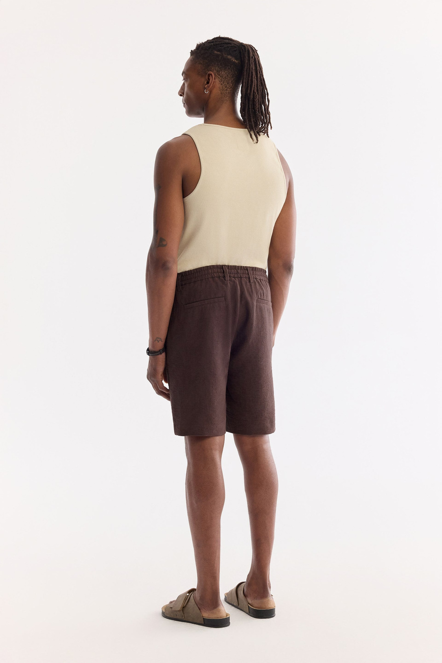 Brown Elastic Waist Drawstring Cotton Shorts