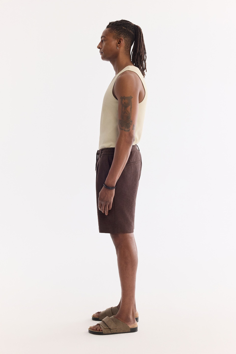 Brown Elastic Waist Drawstring Cotton Shorts