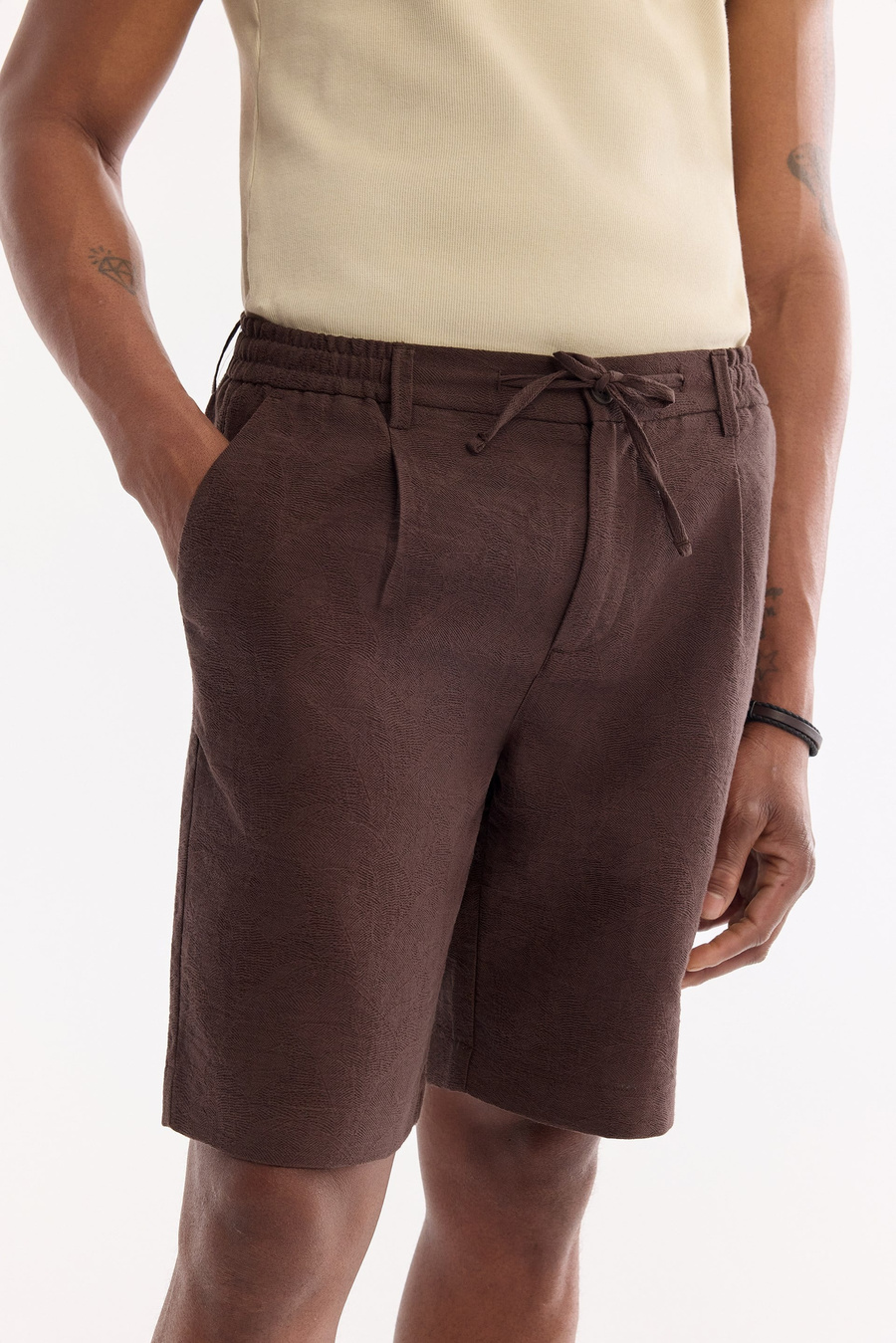 Brown Elastic Waist Drawstring Cotton Shorts