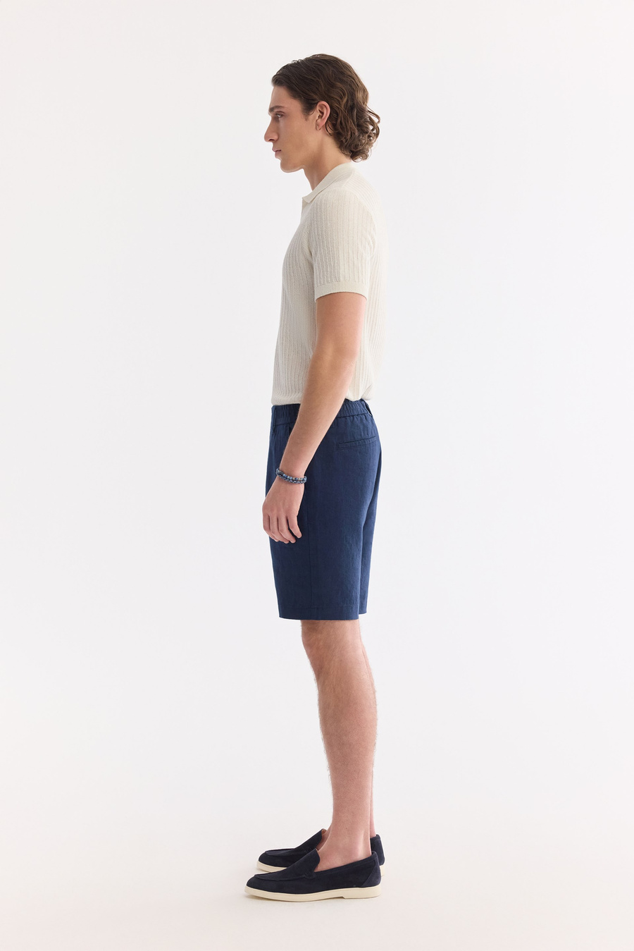 Navy Blue Elastic Waist 100% Linen Shorts