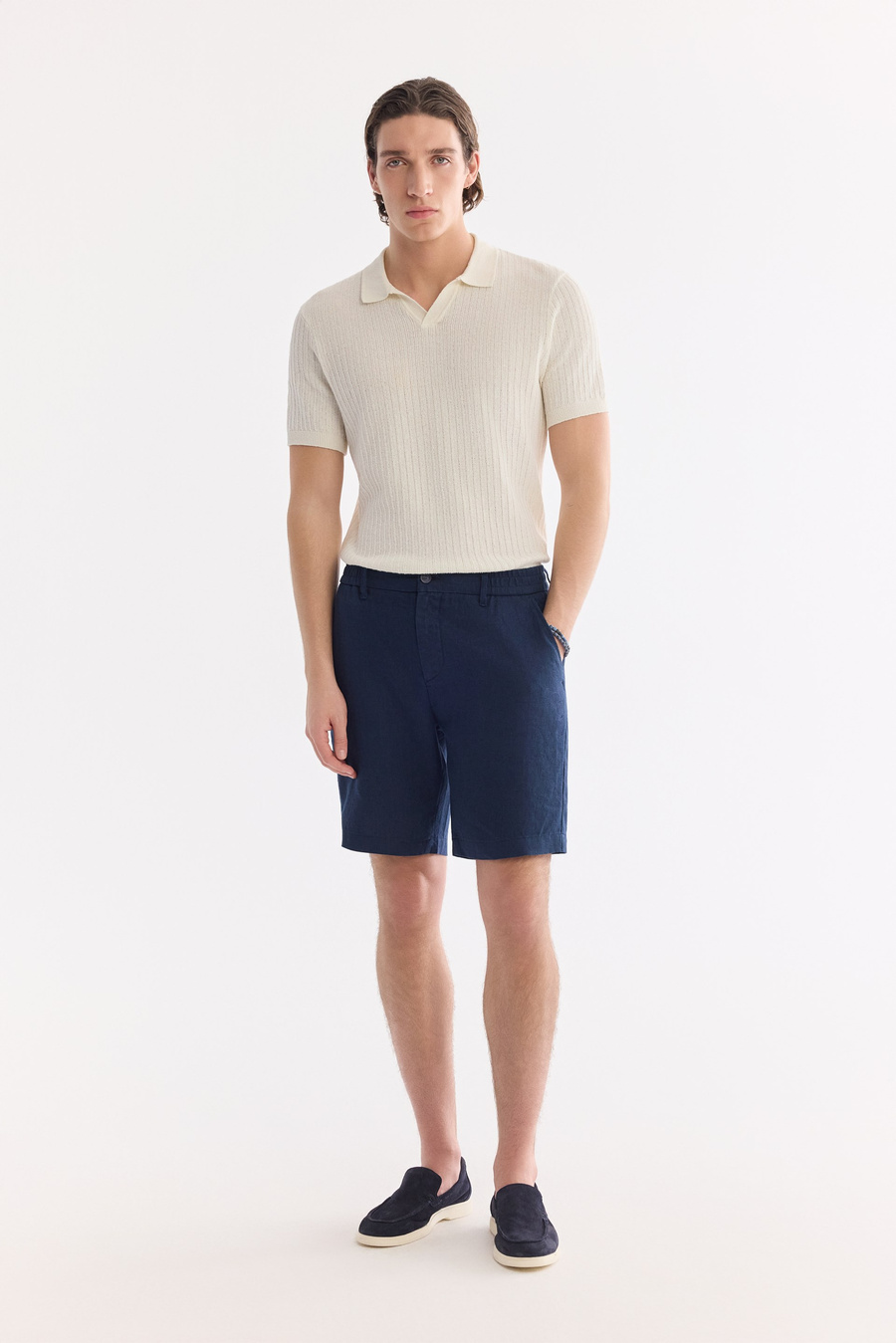 Navy Blue Elastic Waist 100% Linen Shorts