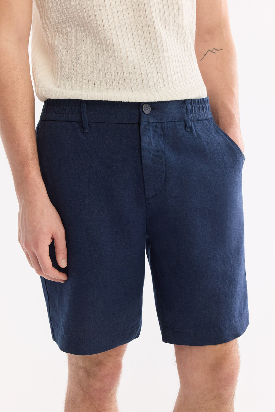 Navy Blue Elastic Waist 100% Linen Shorts