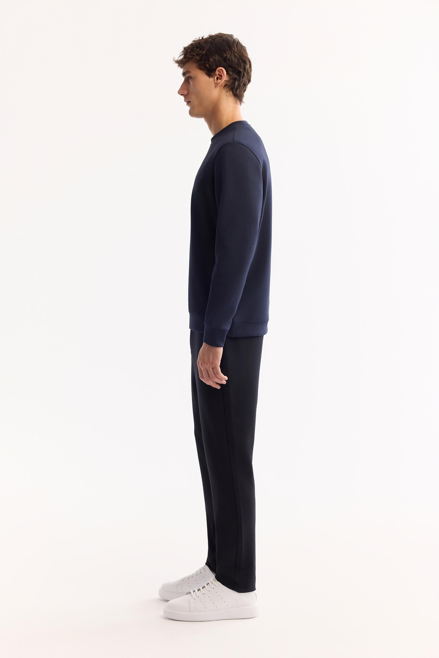 Lacivert Bisiklet Yaka Kolay Ütülenen Bi-Stretch Baskılı Sweatshirt