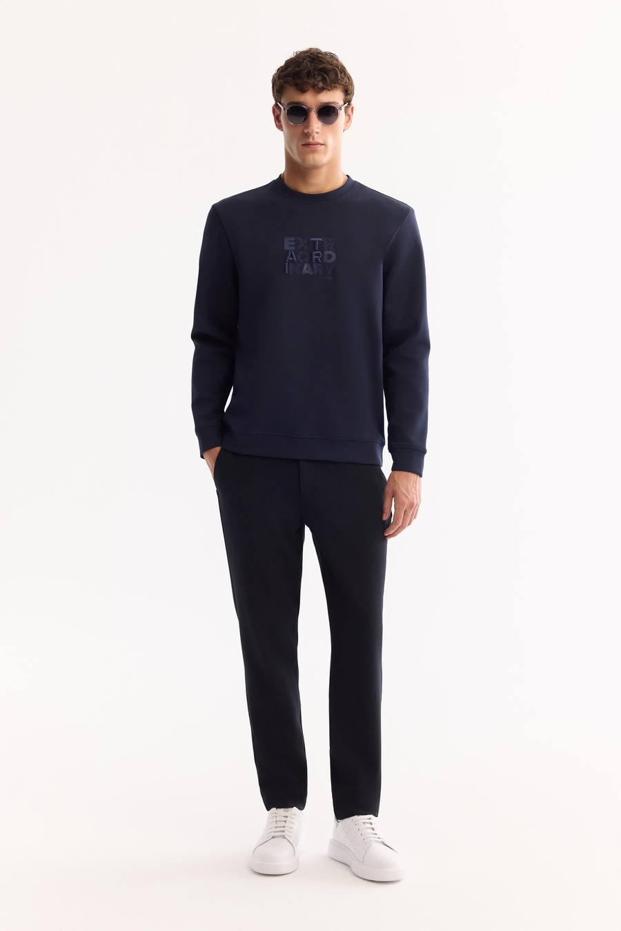 Lacivert Bisiklet Yaka Kolay Ütülenen Bi-Stretch Baskılı Sweatshirt