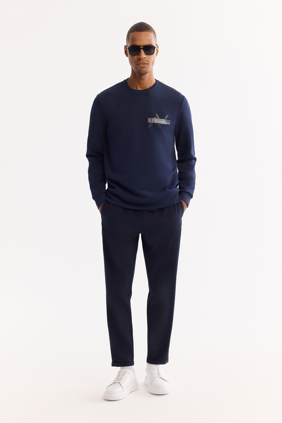 Lacivert Bisiklet Yaka Kolay Ütülenen Bi-Stretch Baskılı Sweatshirt