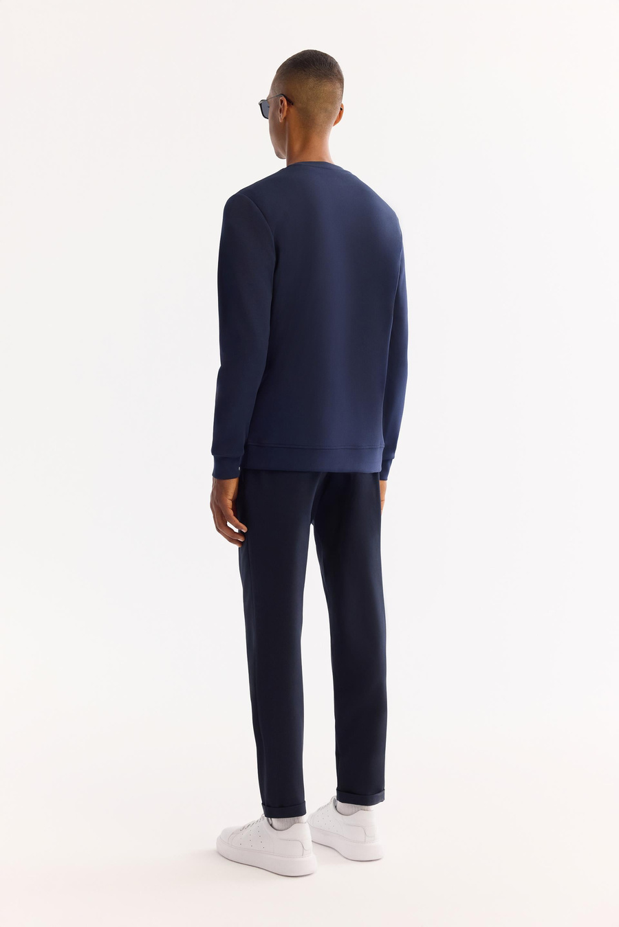 Lacivert Bisiklet Yaka Kolay Ütülenen Bi-Stretch Baskılı Sweatshirt