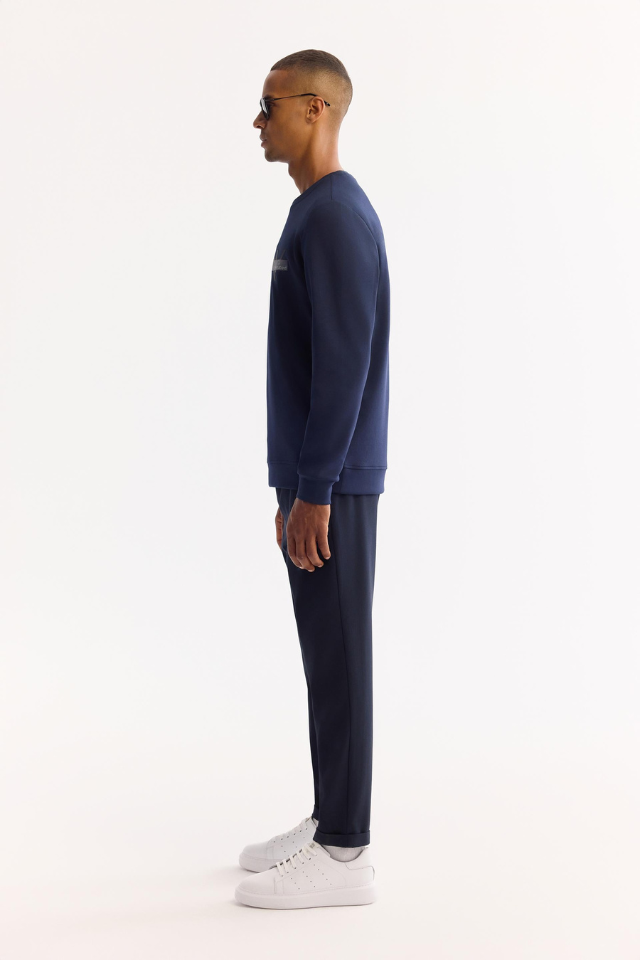 Lacivert Bisiklet Yaka Kolay Ütülenen Bi-Stretch Baskılı Sweatshirt