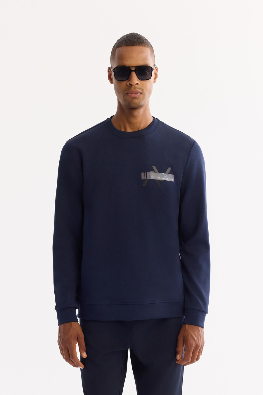 Lacivert Bisiklet Yaka Kolay Ütülenen Bi-Stretch Baskılı Sweatshirt
