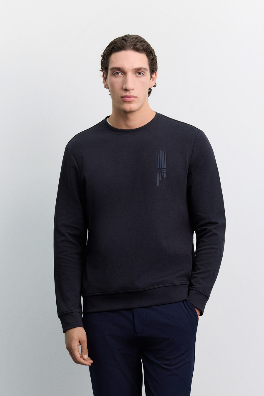 Lacivert Bisiklet Yaka Boyuna Çizgi Silikon Baskılı İnterlok Sweatshirt