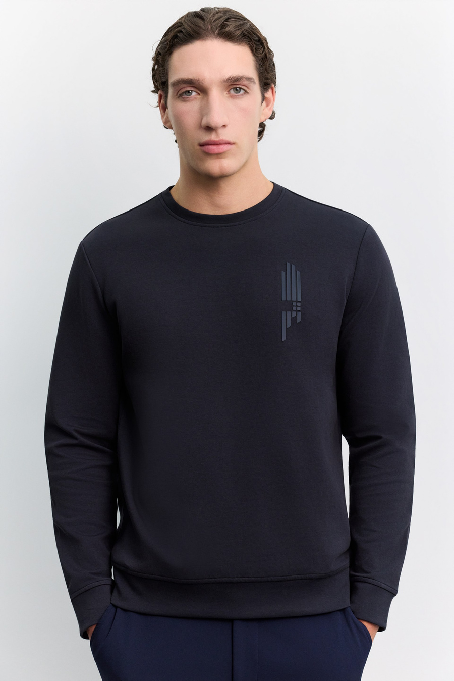 Lacivert Bisiklet Yaka Boyuna Çizgi Silikon Baskılı İnterlok Sweatshirt