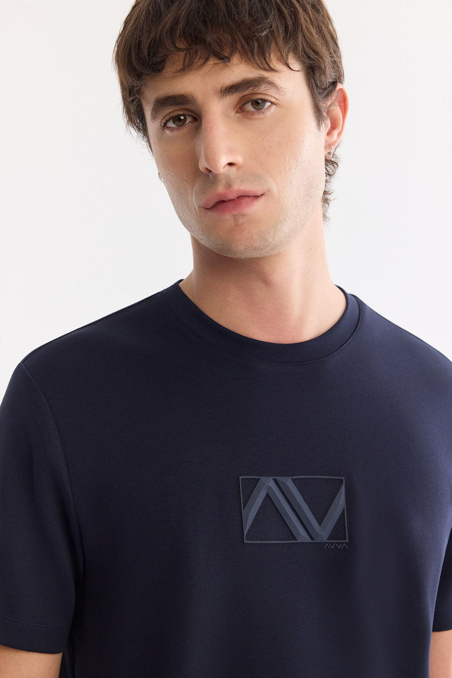 Lacivert Bisiklet Yaka Baskılı İnterlok T-Shirt