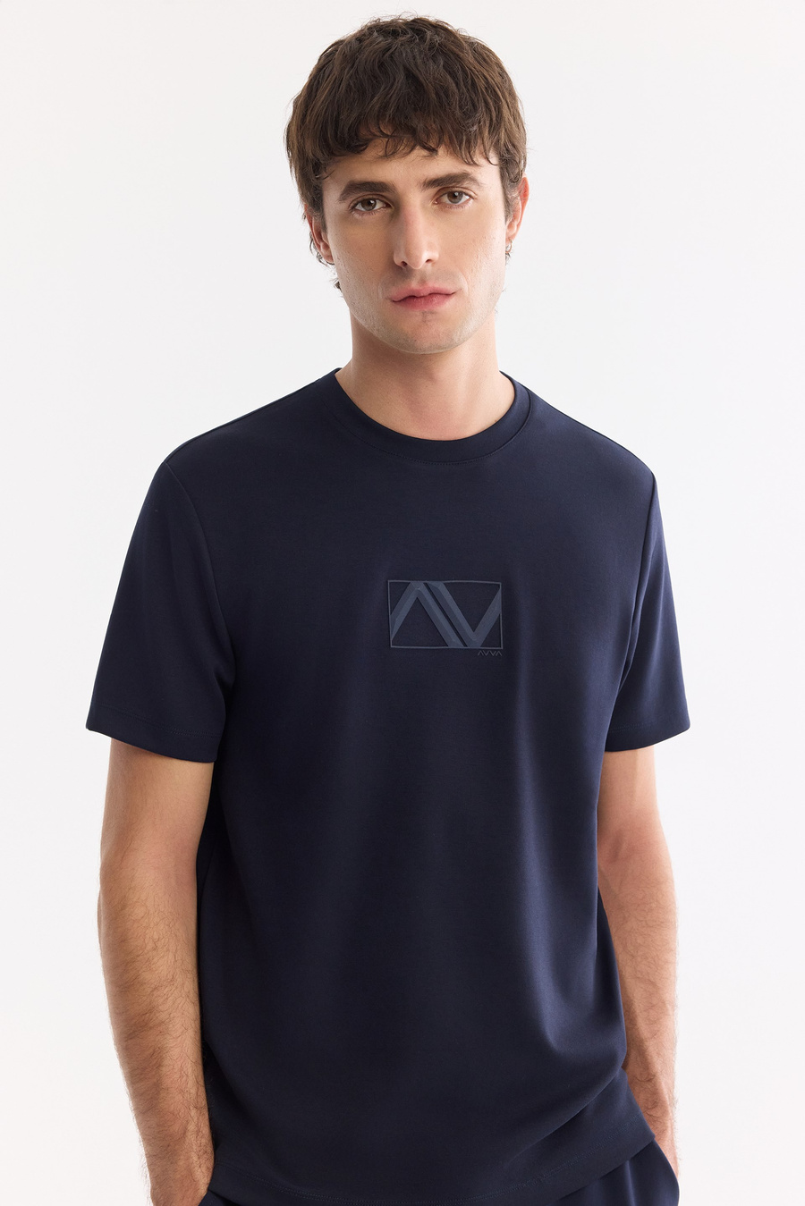 Lacivert Bisiklet Yaka Baskılı İnterlok T-Shirt