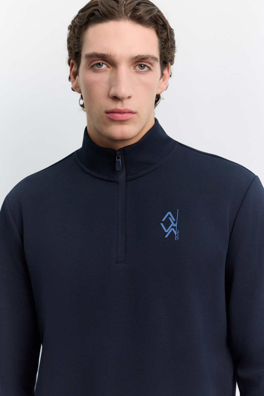 Lacivert Dik Yaka Fermuarlı Baskılı Kolay Ütülenen Pamuklu Sweatshirt