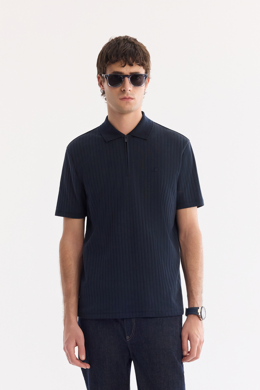 Lacivert Kıvrılmaz Polo Yaka Fermuarlı %100 Pamuk Basic T-Shirt