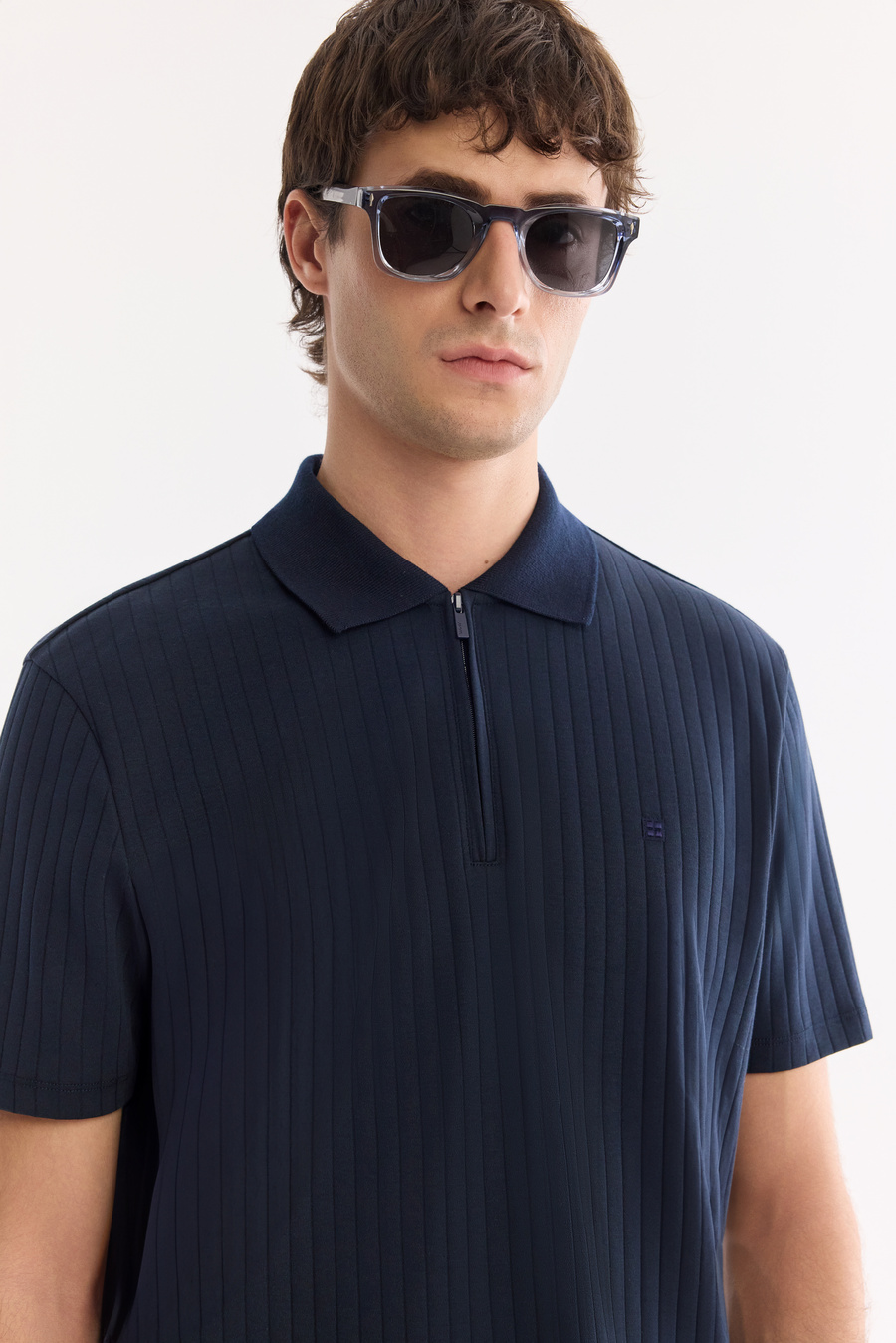 Lacivert Kıvrılmaz Polo Yaka Fermuarlı %100 Pamuk Basic T-Shirt