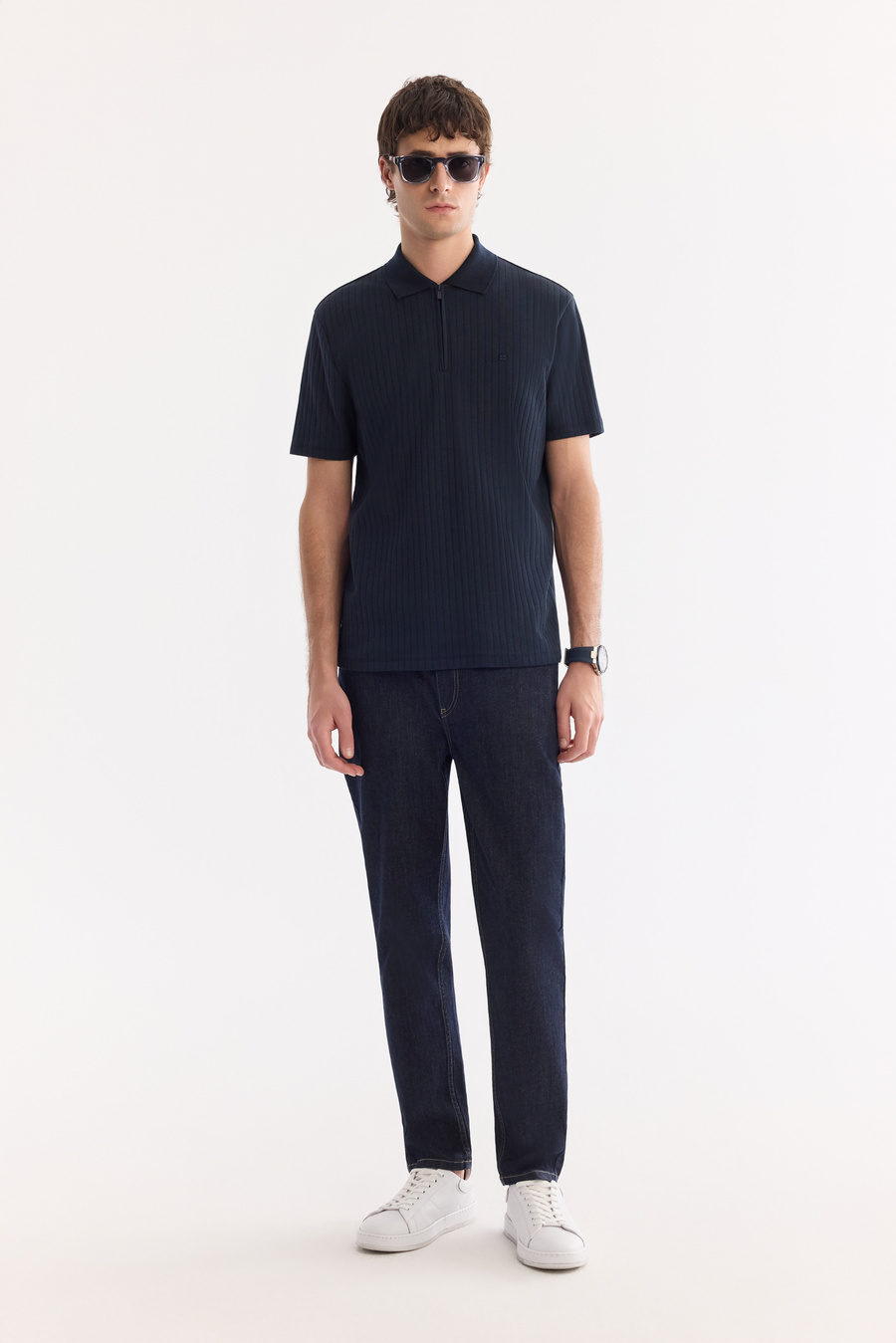 Lacivert Kıvrılmaz Polo Yaka Fermuarlı %100 Pamuk Basic T-Shirt