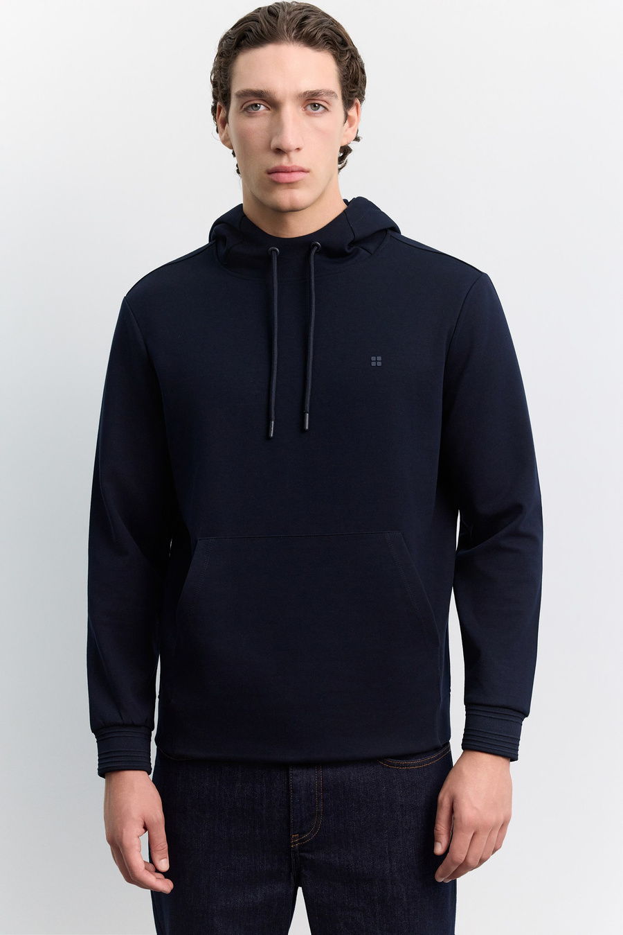Lacivert Kapüşonlu Yaka Kanguru Cepli İnterlok Sweatshirt