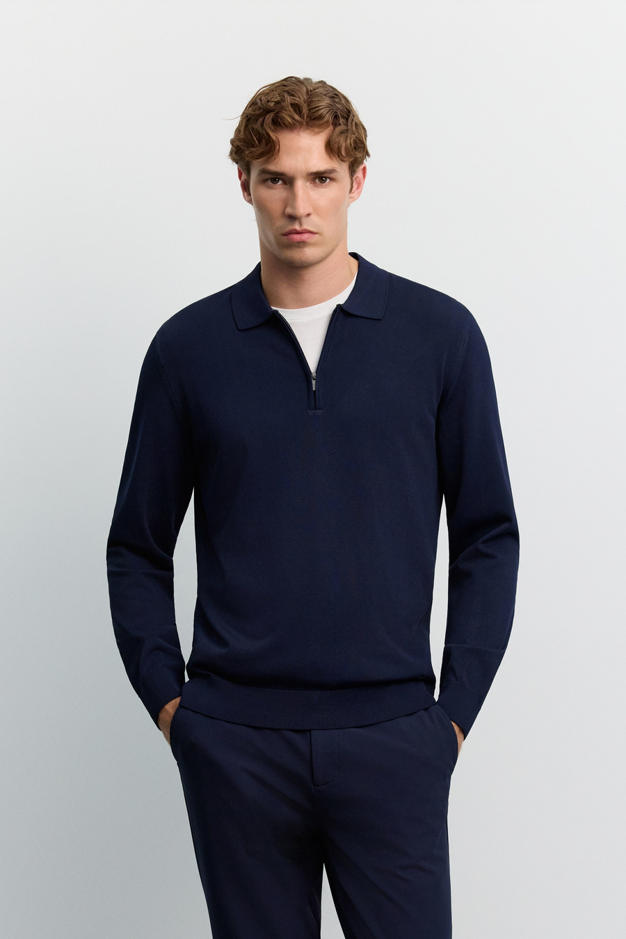Lacivert Polo Yaka Basic Düz Rayon Kazak