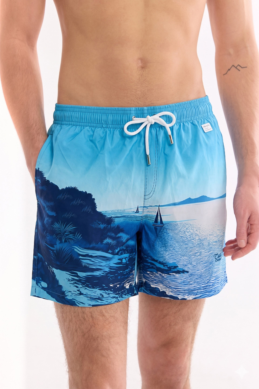 Blue Quick Dry Printed Swim Shorts With Bag