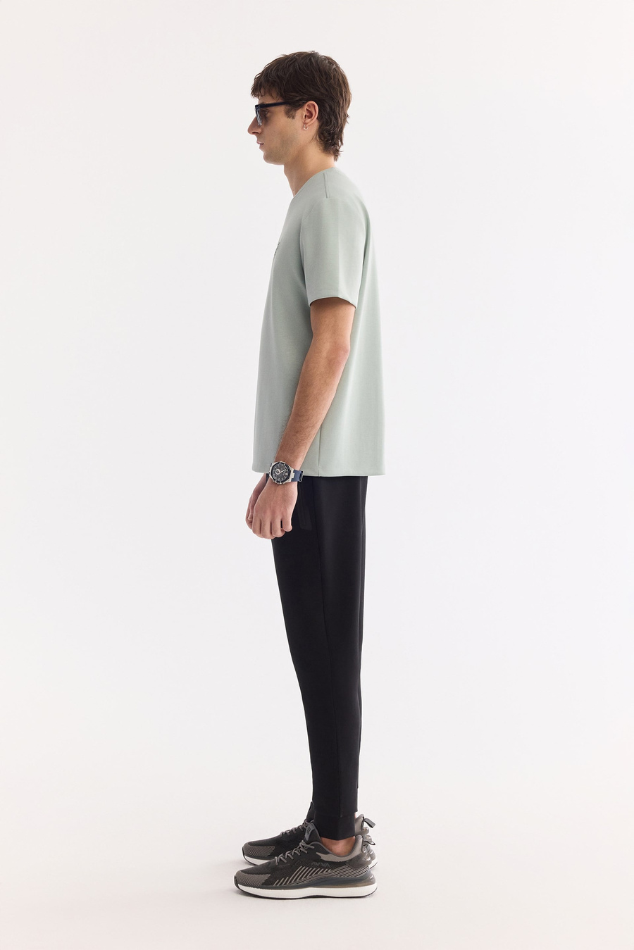 Mint Yeşil Bisiklet Yaka Gofre  Baskılı İnterlok T-Shirt