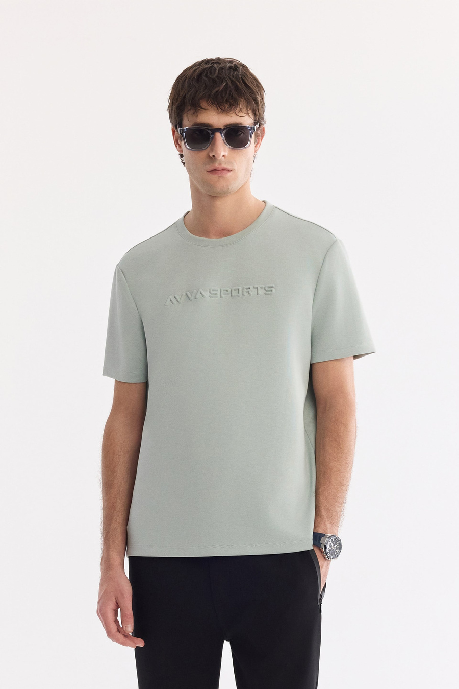 Mint Yeşil Bisiklet Yaka Gofre  Baskılı İnterlok T-Shirt
