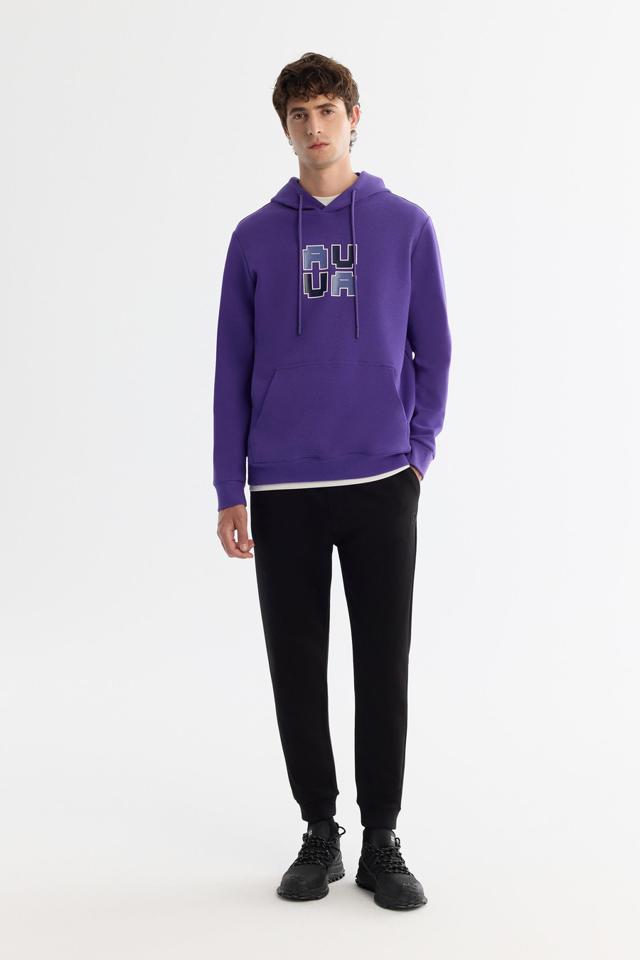Mor Kapüşonlu Pamuklu Baskılı Elastan Sweatshirt