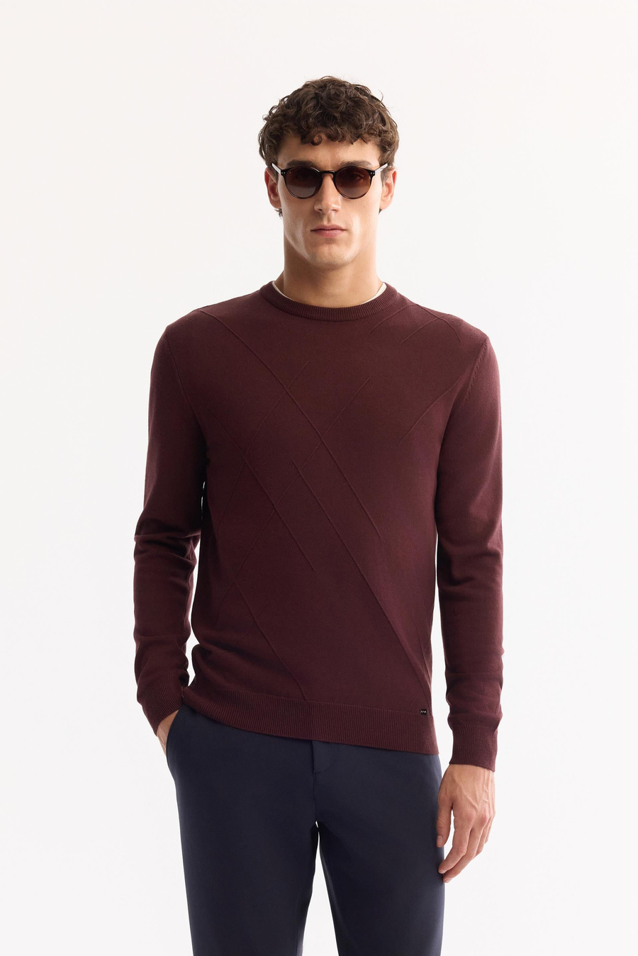 Plum Crew Neck Soft Touch Textured Knit Sweater